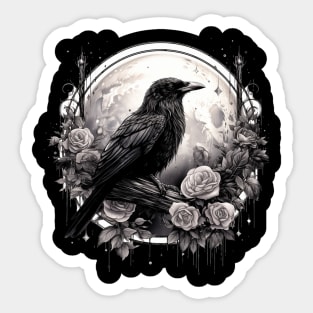 Gothic Crow, Full Moon, Roses, Raven Edgar Allan Poe Witchy Mystic Sticker